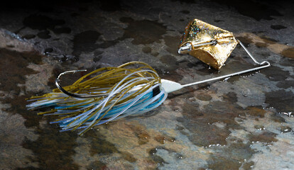 Gold buzzbait with blue and brown skirt