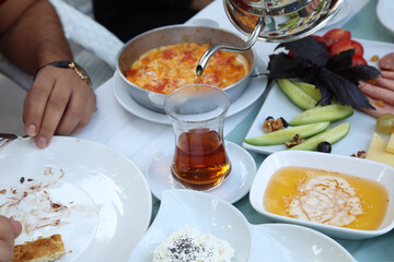 Organic, fresh traditional turkish village breakfast on wooden table
