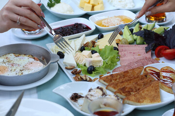 Organic, fresh traditional turkish village breakfast on wooden table