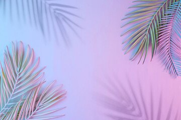 Creative layout made of tropical leaves and shadows in vibrant gradient holographic neon colors....