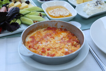 Organic, fresh traditional turkish village breakfast on wooden table