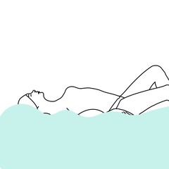 A girl in panties without a bra lies on the blue waves of the sea hand drawn black vector icon illustration isolated on white background. Flat, same outline picture for: decorate, web design. EPS 10