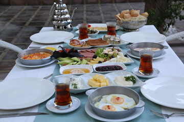 Organic, fresh traditional turkish village breakfast on wooden table