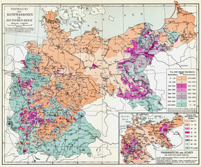 Map of the distribution of religious confessions of the German Empire (Deutsches Kaiserreich). Publication of the book "Meyers Konversations-Lexikon", Volume 2, Leipzig, Germany, 1910