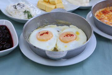 Organic, fresh traditional turkish village breakfast on wooden table