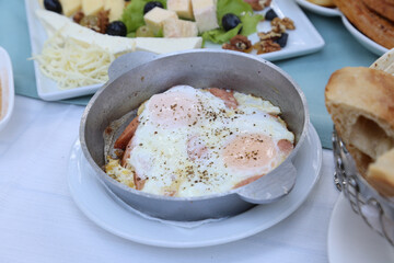 Organic, fresh traditional turkish village breakfast on wooden table