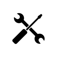Wrench and screwdriver or tools solid black icon. Repair. Trendy flat style isolated symbol, can be used for: illustration, minimal, logo, mobile, app, emblem, design, web, site, ui, ux. Vector EPS 10