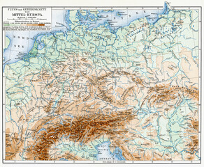 Map of rivers and mountains of central Europe. Publication of the book "Meyers Konversations-Lexikon", Volume 2, Leipzig, Germany, 1910