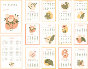 Calendar 2023. Minimalistic monthly calendar with various plants. Cover and 12 monthly pages. Week starts on Sunday, vector illustration. Vertical pages. - obrazy, fototapety, plakaty