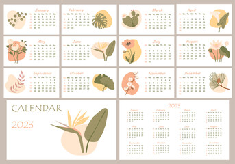 Calendar 2023. Minimalistic monthly calendar with various plants. Cover and 12 monthly pages. Week starts on Sunday, vector illustration. Gorisontal pages. - obrazy, fototapety, plakaty