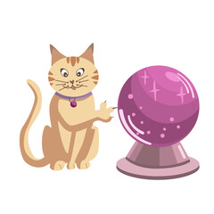 Vector cat scratches a magic crystal ball. Illustration of a witch's cat.