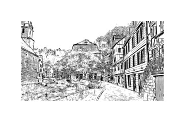 Fototapeta na wymiar Building view with landmark of Monschau is a town in western Germany. Hand drawn sketch illustration in vector.