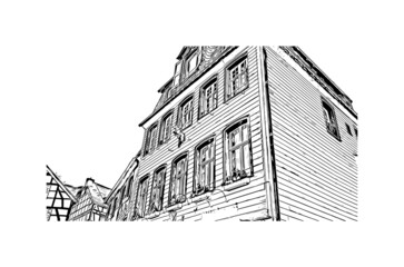 Building view with landmark of Monschau is a town in western Germany. Hand drawn sketch illustration in vector.