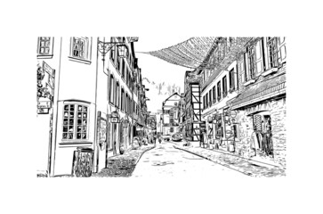 Building view with landmark of Monschau is a town in western Germany. Hand drawn sketch illustration in vector.
