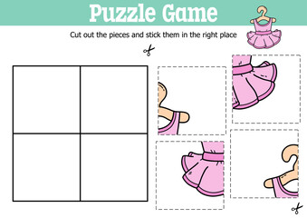 Vector educational kids puzzle game to cut and stick pieces with doodle  ballet tutu
