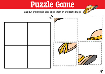 Vector educational kids puzzle game to cut and stick pieces with doodle summer hat