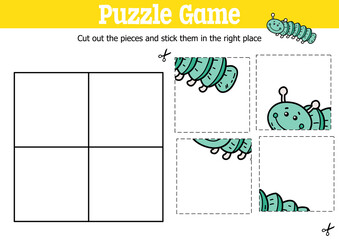 Vector educational kids puzzle game to cut and stick pieces with doodle  caterpillar 