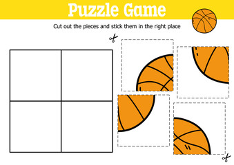 Vector educational kids puzzle game to cut and stick pieces with doodle  basketball ball
