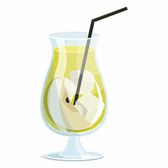 Drink glass with apple juice or a cocktail with ice and a slice of apple. Vector graphic.