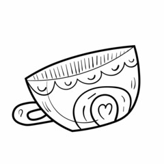 Cute doodle cup illustration. Mug for tea or coffee icon. Black line art on white background.
