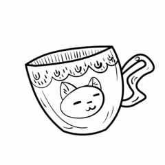 Cute doodle cup with cat illustration. Mug for tea or coffee icon. Black line art on white background.