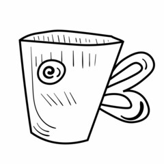 Cute doodle cup duck illustration. Mug for tea or coffee icon. Black line art on white background.