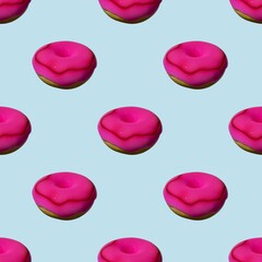 Seamless pattern: Pink 3D donut on a blue background is a realistic sweet dessert with a top. 3D rendering