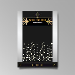 Art Deco template golden-black white, A4 page, menu, card, invitation, Sun and city lights in a Art DecoArt Nuevo style