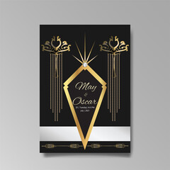 Art Deco template golden-black white, A4 page, menu, card, invitation, Sun and city lights in a Art DecoArt Nuevo style