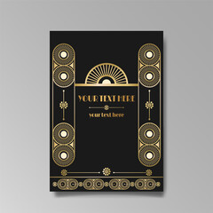 Art Deco template golden-black white, A4 page, menu, card, invitation, Sun and city lights in a Art DecoArt Nuevo style