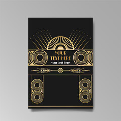 Art Deco luxury template golden black A4 page, menu, card, invitation, Sun and city lights i
