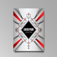 Art Deco template silver-black and red, A4 page, menu, card, invitation, Sun and city lights in a vampire style,