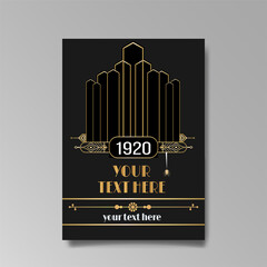 Golden-black A4 page template, menu, flyer, card, invitation, geometric city.