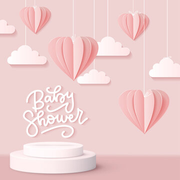 Baby shower greeting card for little girl on pink sky with 3d paper cut hearts and clouds. Realistic Cylinder podium with copy space for baby's photos. Vector Cute backdrop for newborn