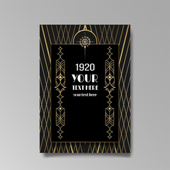 Art Deco template golden-black, A4 page, menu, card, invitation, Sun and city lights in a Art Deco Art Nuevo style,