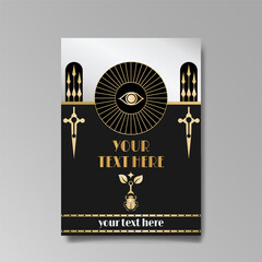Art Deco template golden-black white, A4 page, menu, card, invitation, Sun and city lights in a Art Deco Art Nuevo style,