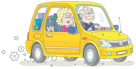 Happy grandpa and grandma with a funny cat and boxes with things in a trunk driving in their small yellow car, vector cartoon illustration isolated on a white background