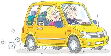 Fotobehang Happy grandpa and grandma with a funny cat and boxes with things in a trunk driving in their small yellow car, vector cartoon illustration isolated on a white background © Alexey Bannykh