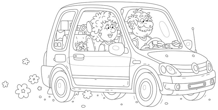 Happy grandpa and grandma with a funny cat and boxes with things in a trunk driving in their small car, black and white outline vector cartoon illustration for a coloring book page