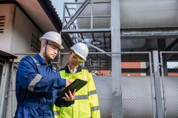 Engineers work place to keep liquid helium,preventive maintenance schedule checking,Thailand people,Technicians and engineers discuss work together.