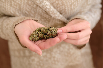 Close up of cannabis bud in young woman`s hands on a brown background. Medical marijuana use concept.