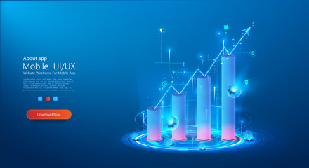 3d growth diagram in blue. The concept of business, finance, analytics. Digital vector monochrome graph on the background of a hologram or projection. Abstract finance background. Vector illustration