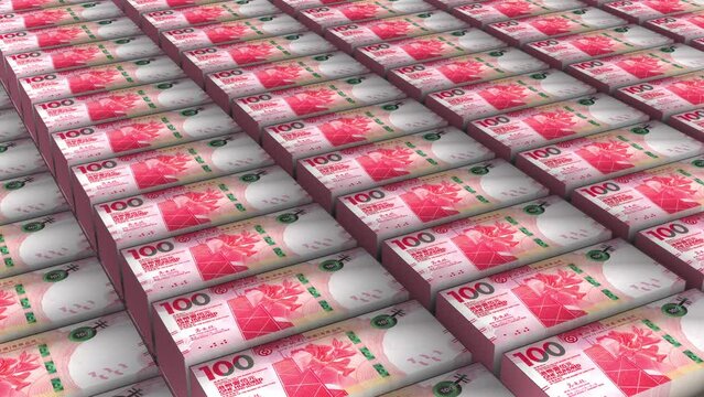 3D Animation of Hong Kong 100 Dollars Banknotes Money Stack on White Background