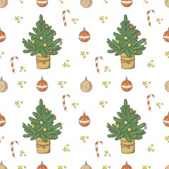 Christmas seamless pattern on a white background green Christmas tree in a yellow pot with red yellow balls Christmas cane and yellow stars