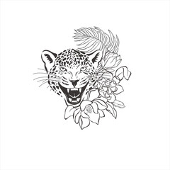 Leopard with exotic flowers and leaves.