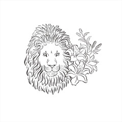 Lion with lily flowers on white background.