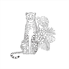 Cheetah with flowers on white background.
