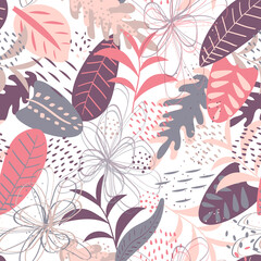 Fototapeta na wymiar Seamless pattern with jungle leaves, raster version. Sweet floral background with exotic plants