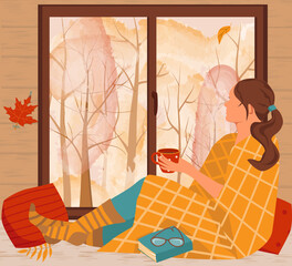 A girl in a plaid, with a mug of coffee, is sitting on the windowsill and looking out the window. Outside the window is an autumn landscape. Cozy autumn. Vector illustration in flat style
