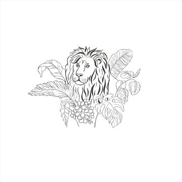 Lion with flowers on white background.